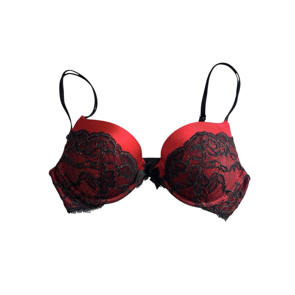 Victoria's Secret Very Sexy Plunge Black Red Lace Push Up‎ Bra 34C Dark Romantic